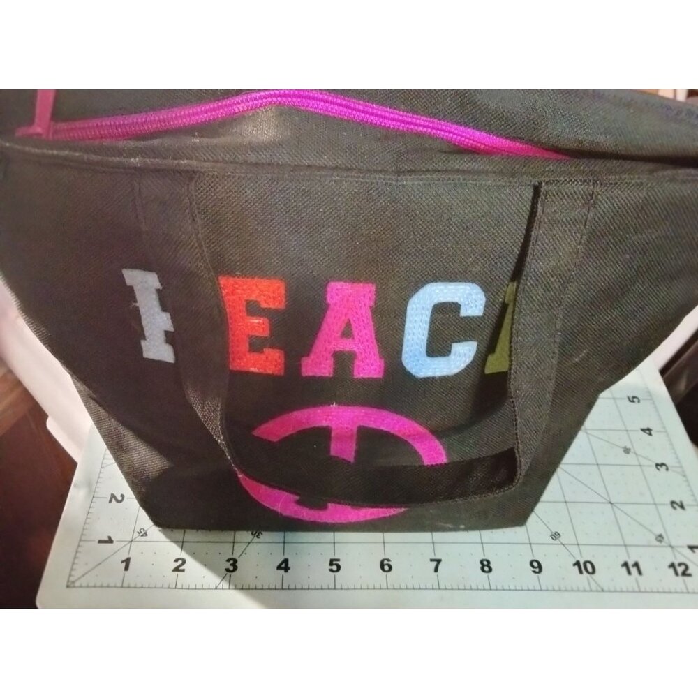 Leenie Peace Embroidered Black Lunch Bag  Pink Zipper Closure - Picture 10 of 11